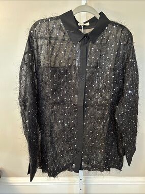 Sheer Black Sequin Button-Front Blouse
